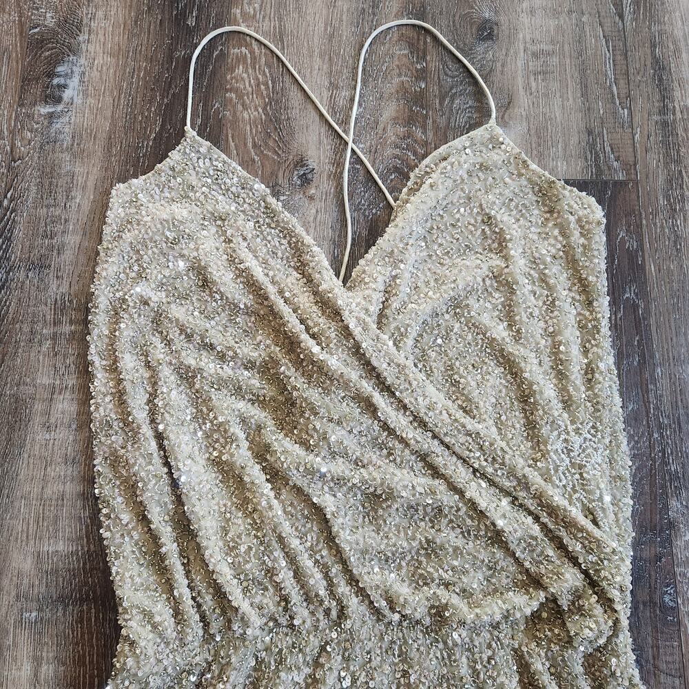 Retrofete Mini Sequin Dress Faux Wrap Sleeveless Tan/Brown Size Medium - Picture 3 of 9